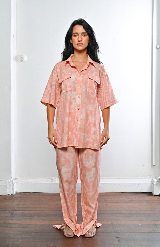 Peach pastel orange print shirt, blouse, linen, tencel, coord set, co ord set, matching set, women ladies unisex, front, pastel peach fuzz. 